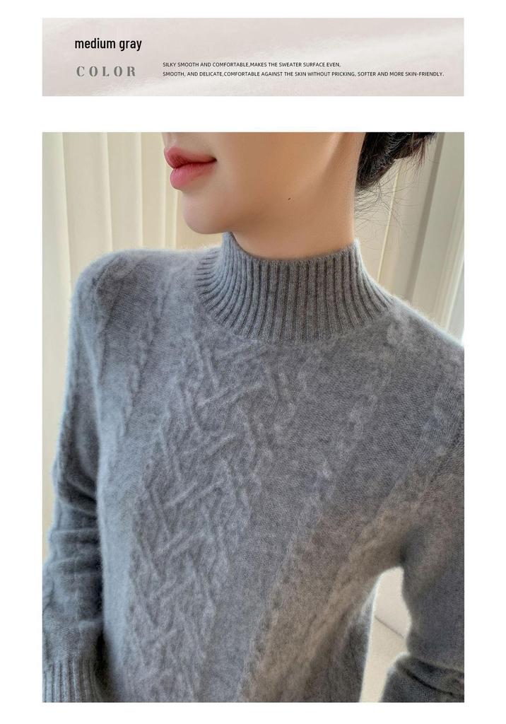 2025 Autumn/Winter Women's Thick Cashmere Half-High Collar Loose Cable Knit Sweater