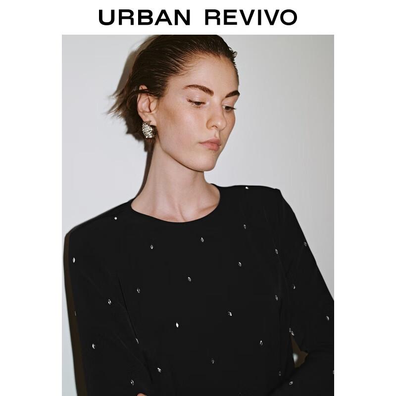 UR 2025 Autumn Elegant Rhinestone Long Sleeve Back Slit Dress