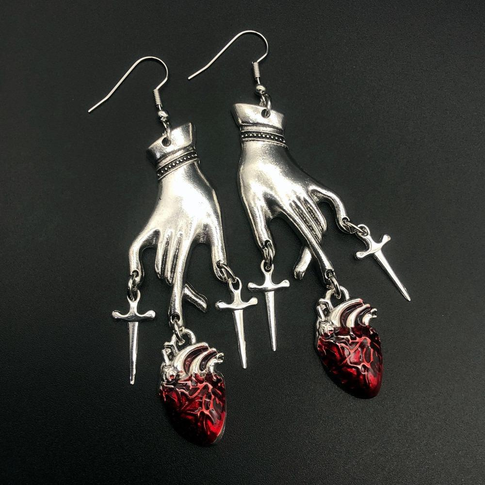 Exaggerate Gothic Demon Style Palm Blood Drop Heart Sword Pendant Dangle Earrings for Women Hallowmas Party Scary Jewelry Gift