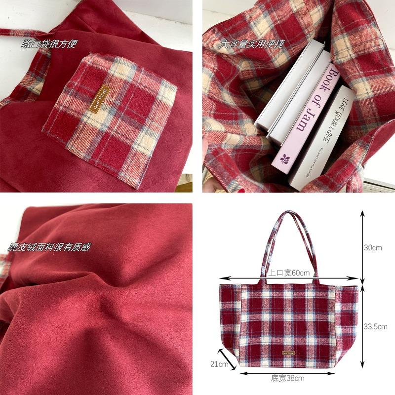 Autumn and Winter Woolen Plaid Double-sided Bag Fresh College Style Shoulder Bag Large Capacity Lazy Style Tote Bag Women