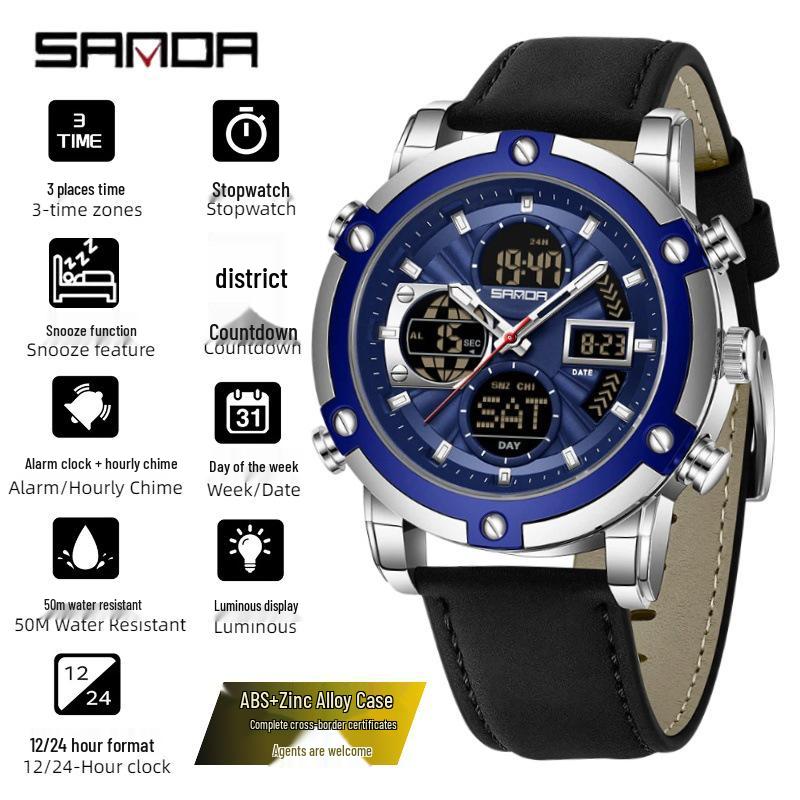 SANDA Men's Multi-Time Zone Steel Band Watch - Luminous, Waterproof, Alarm & Stopwatch Features