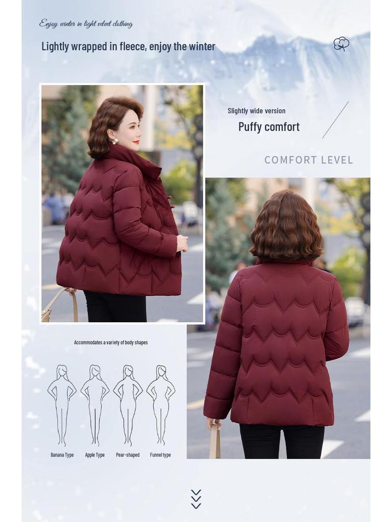 Women's Winter Cotton Jacket for Ages 40-60: Stand Collar, Short Style, Thickened for Warmth