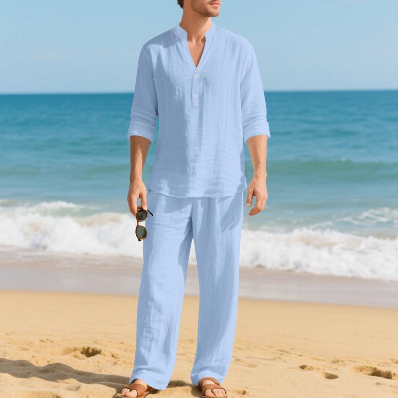 Men Loose Casual Breathable V Neck Long Sleeve Henley Shirt And Long Pants Set