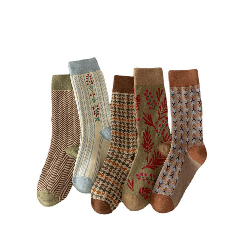 "Damen Retro Hahnentritt & Floral Mittelhohe Verdickte Baumwollsocken für Herbst/Winter"