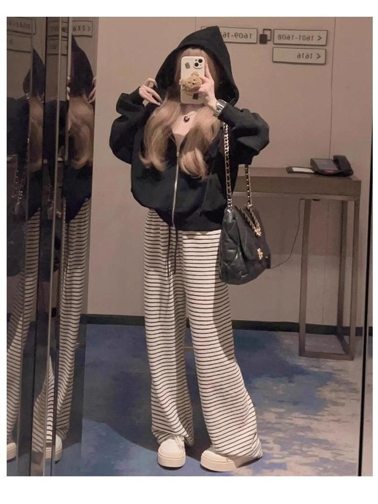 Petite Fleece-Lined Black & White Striped High-Waist Wide-Leg Pants for Women - Autumn/Winter
