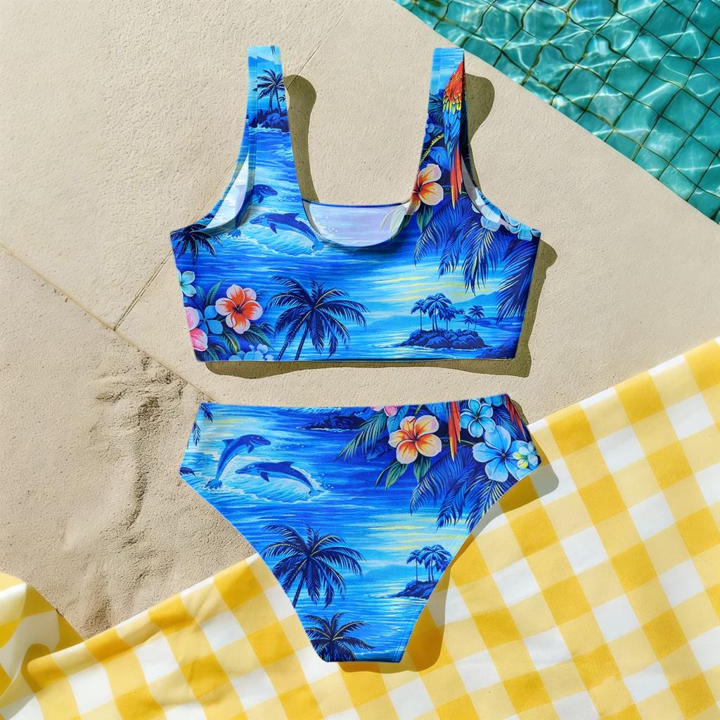 Bambina Due Pezzi Bikini Costume da Bagno Set Estate Casual Stampa Hawaiana Canotta e Slip a Vita Alta Costumi da Bagno per Bambini