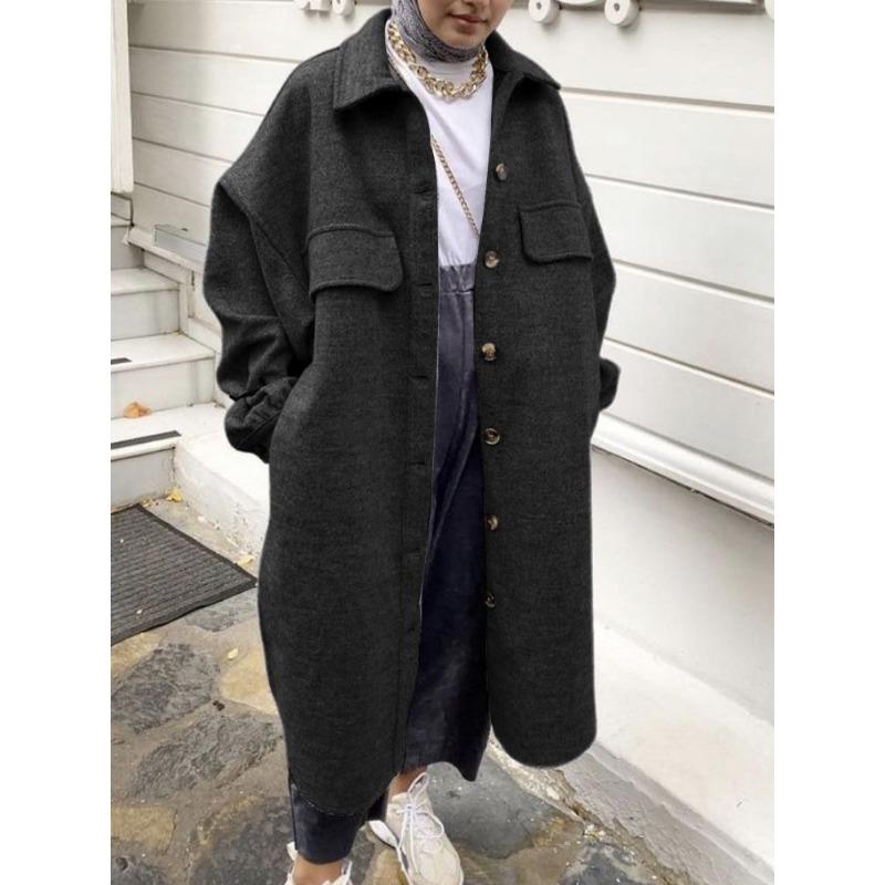 2025 New Women's Autumn and Winter Spliced Button Pocket Simple Long-sleeved Lapel Woolen Jacket