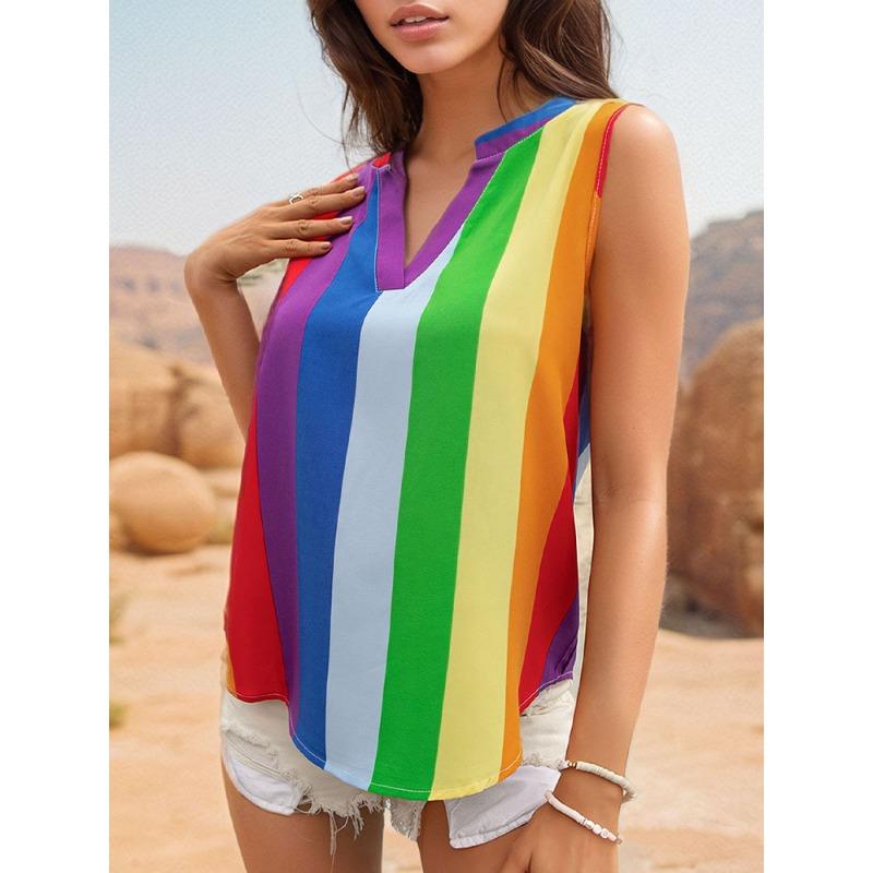Letní dámská košile bez rukávů Barevná proužkovaná halenka s výstřihem do V