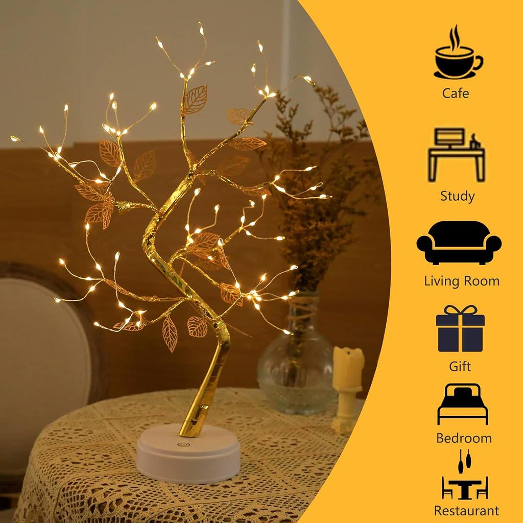 Tabletop Bonsai Tree Lights DIY LED Artificial Tree Lamp Battery/USB Operated Night Light for Room Decor Home 72LED Golden Leaf