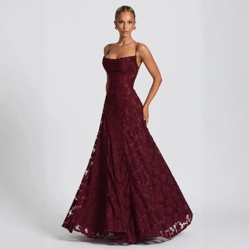 Women's Jacquard Sexy Slim Sling Dress Halter Strap Design Long Dress