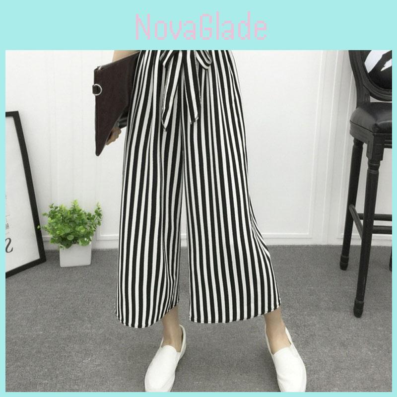Women High Waist Elastic Striped Culotte Pants With Elegant Wide Leg Flare Design For Casual Wear