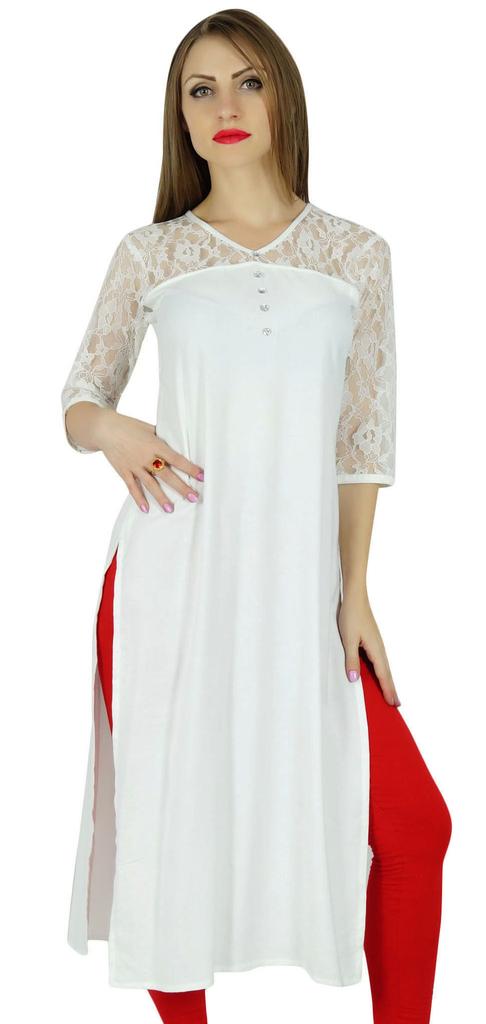 Bimba Women White Rayon Kurta Kurti Lace Sleeves Summer Day Tunic Blouse