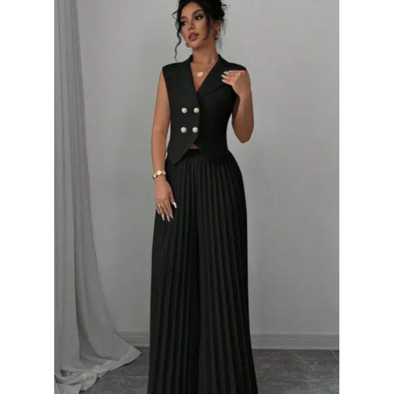 

2025 Spring and Summer European and American Foreign Trade Fashion Vest Vest Pleated Skirt Blouse and Pants Commuting to Work Women clothes Vest Set Black S