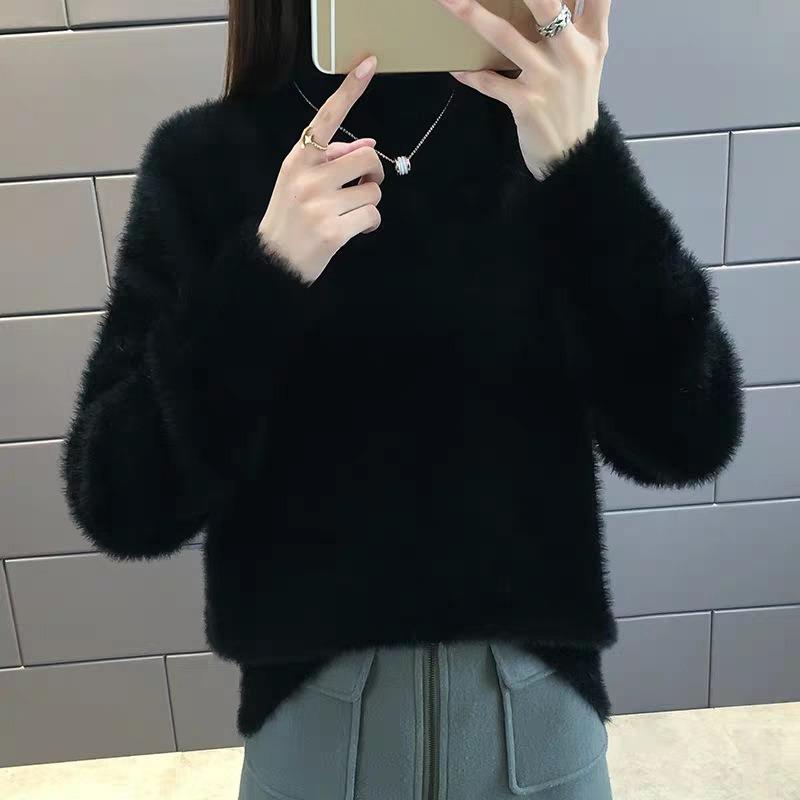 2024 Autumn Thick Velvet Warm Pullover Sweater Women Winter Clothing Fashion Loose Outerwear Half High Neck Knitted Sweaters Ladies Tops 25143
