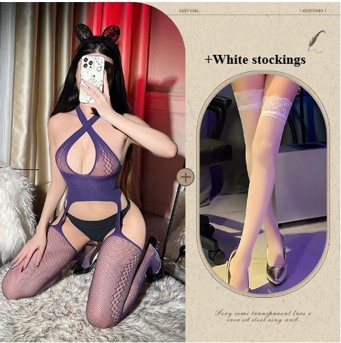 Tearable Fishnet Bodysuit Crisscross Halter Neck Sheer Erotic Lingerie Open Crotch Stockings Innocent Sexy Sleepwear for Women