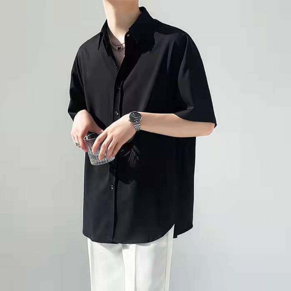 

Шелковистая Свободная Однотонная Универсальная Рубашка Dk Мужская Модная Красивая Высококлассная Рубашка с Коротким Рукавом в Гонконгском Стиле M чёрный