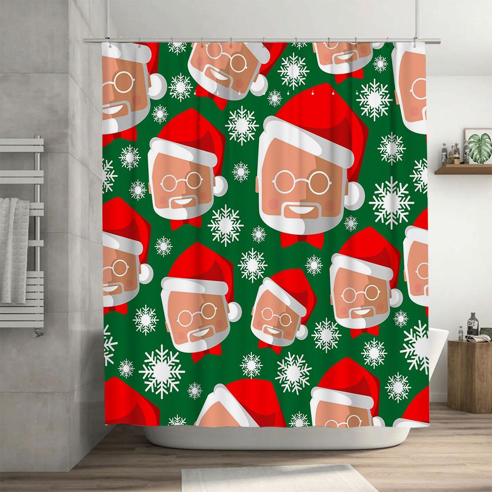 Festive Christmas Bath Curtain with Santa Claus PatternWaterproof Fabric for Bathtub Decor Green Snowflakes White Flowers Print