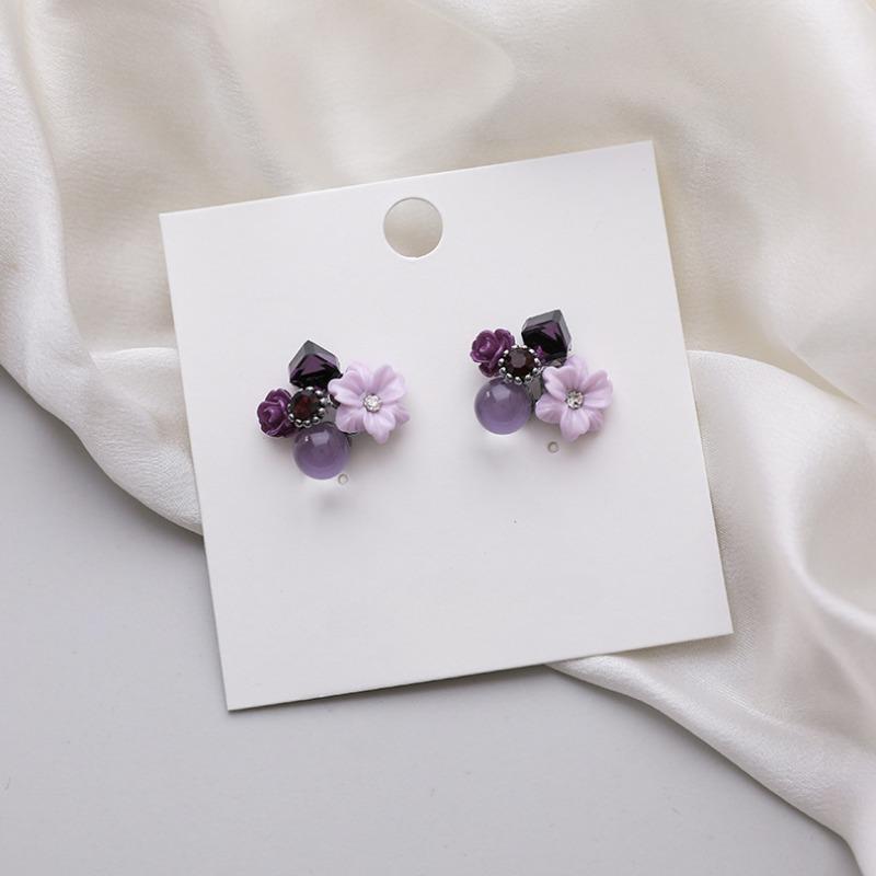 Korean Fashion Purple Crystal Flower Stud Earrings for Woman Elegant Floral Imitation Pearl Cute Earrings Party DesignerJewelry