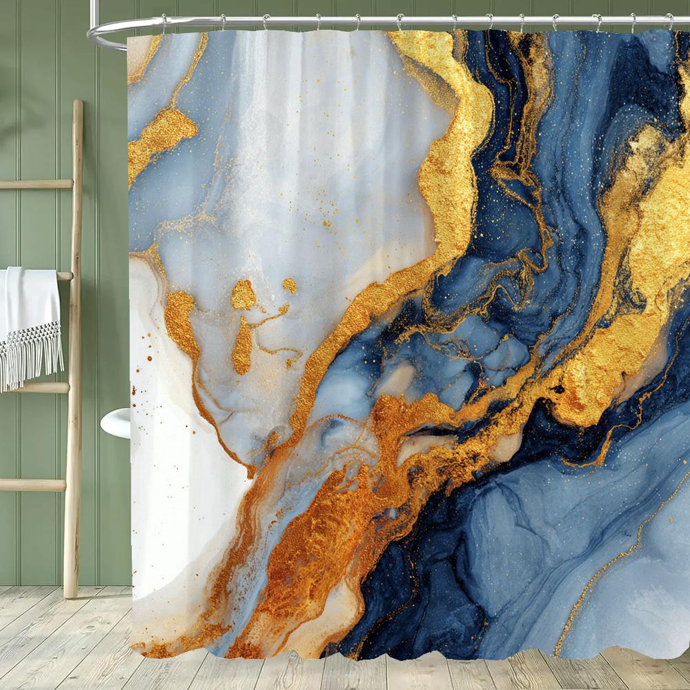 Blue Gold Textured Marble Shower Curtain Black White Natural Art Pattern Polyester Fabric Washable Shower Curtain Bathroom Decor