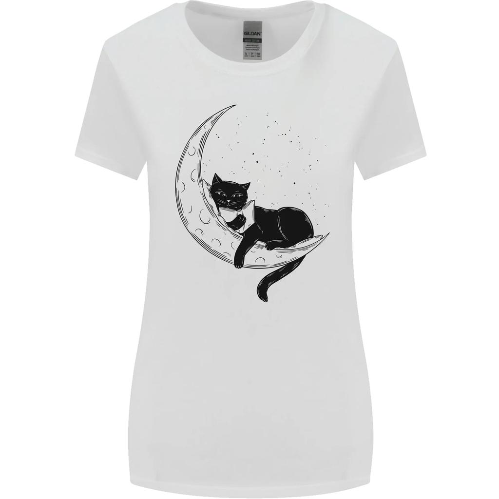 A Cat Reading a Book On the Moon Womens Wider Cut T-Shirt