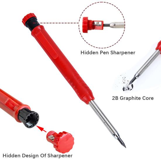 Mechanical Carpenter Pencils with 6 Refill Construction Pencil with Built-in Sharpener Deep Hole Long Nib Marker Pen for Woodworking Architect Marking