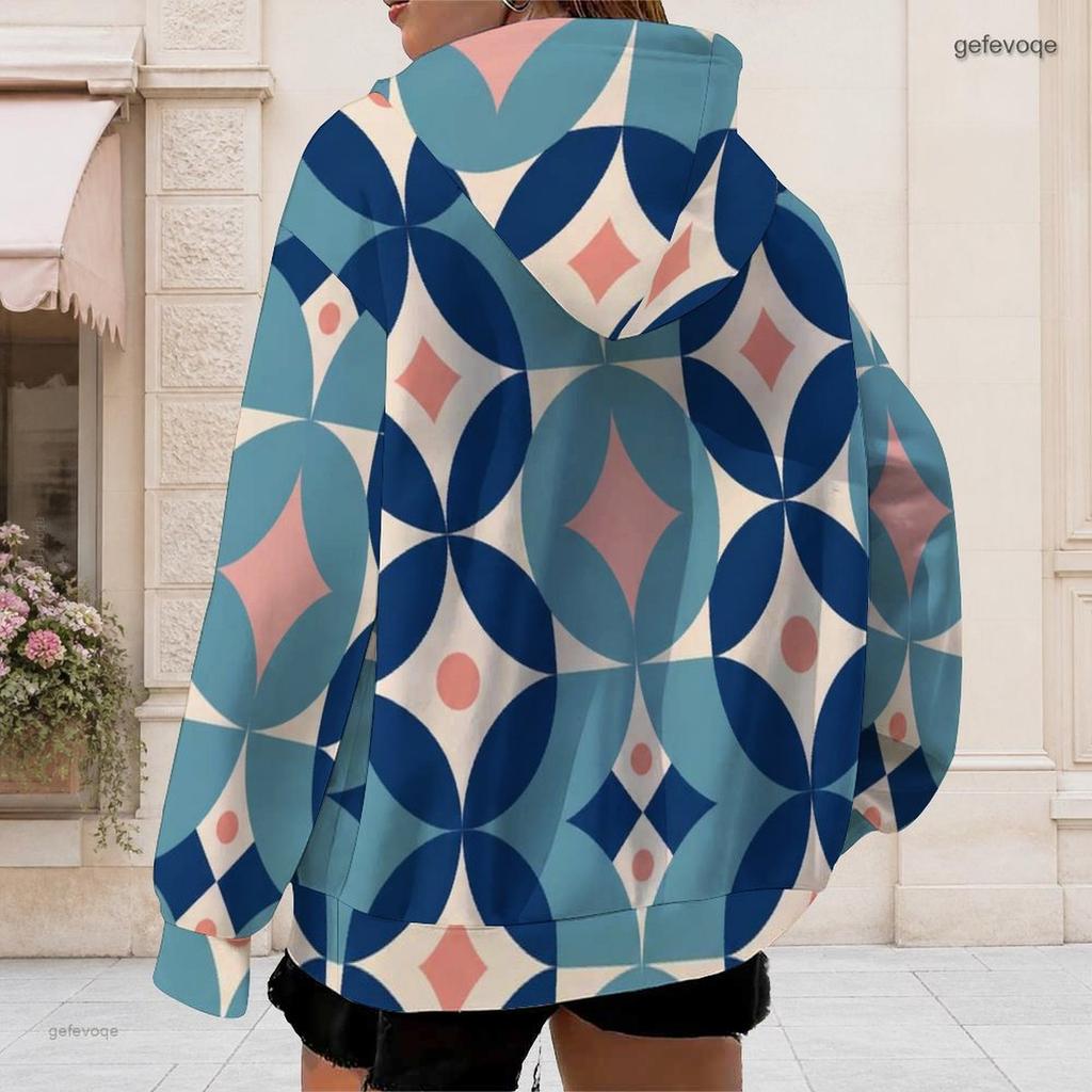 Women Plus Size Geometric Printed Zip Up Hoodie Long Sleeve Drawstring Hood With Pockets