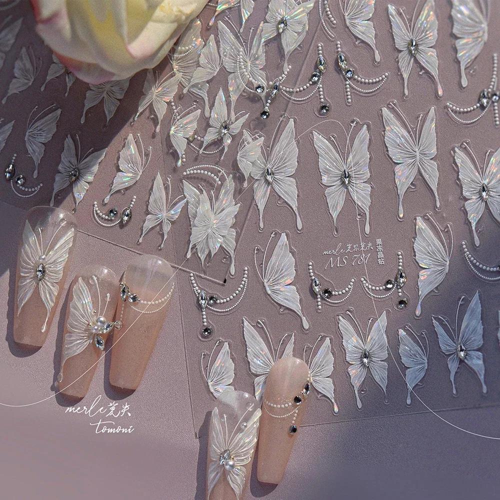 Gradient White Pink Butterfly Flower Shiny Stars Chic Spring Petal 5D Soft Adhesive Nail Art Stickers Decorations Manicure Decal