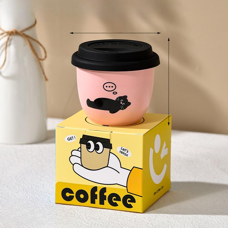 Pink Coffee Cup Holding Cup Small Capacity Girl Winter Hand Warmer Cup Ceramic with Silicone Lid Kitten Latte Cup