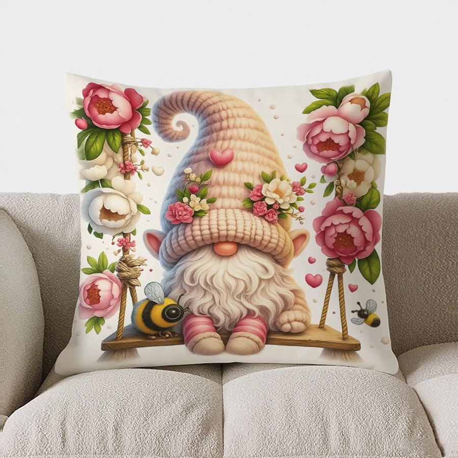 Home Decor Gnomes &amp; Flowers Swing With Heart Decor Pillow Pattern Cushion Cover Suitable For Sofa Bedroom Car Pillow Cover