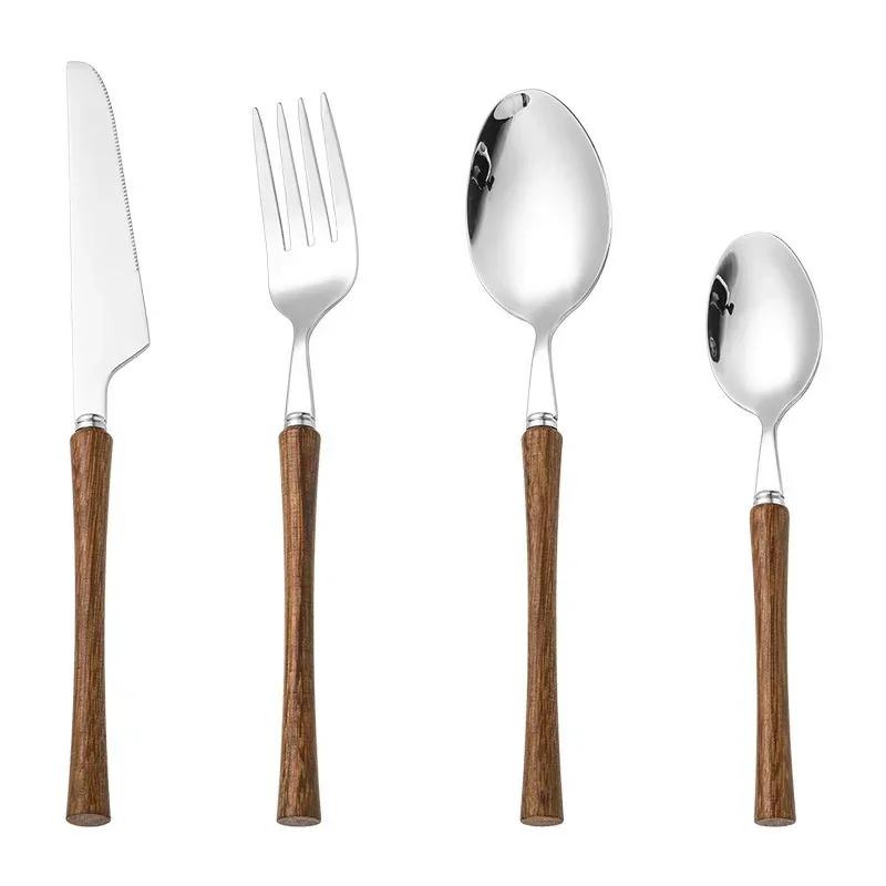 Wood Handle Tableware 304 Stainless Steel Knife Fork Spoon Coffee Spoon Retro Dinnerware Home Kitchen Gadgets Gifts Cutlery Set