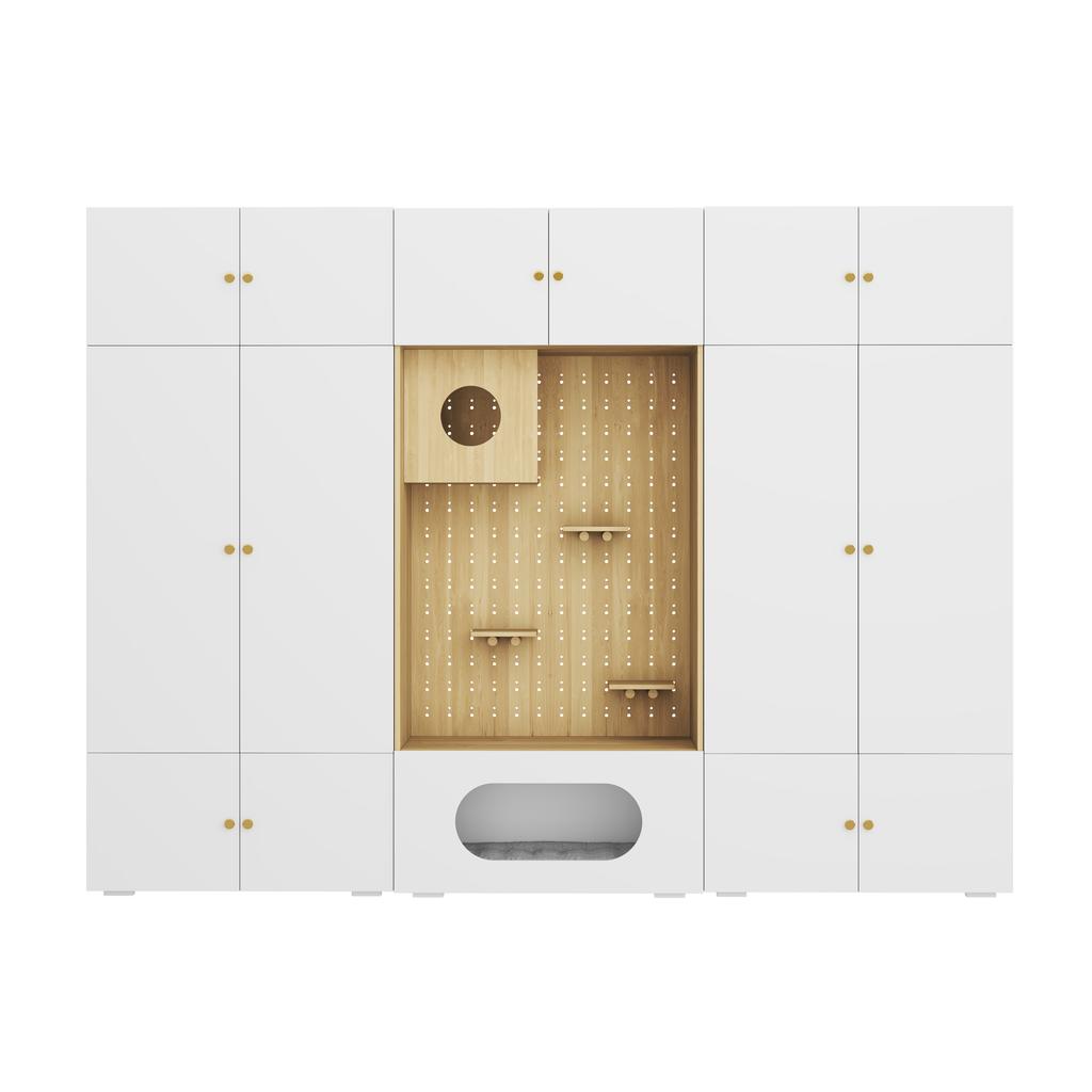Wardrobe Set, Pet Cabinet, 270 x 50 x 200 cm, with Clothes Rail and Cat Climbing Wall, for Bedroom, Living Room and Hallway, White+Wood Look