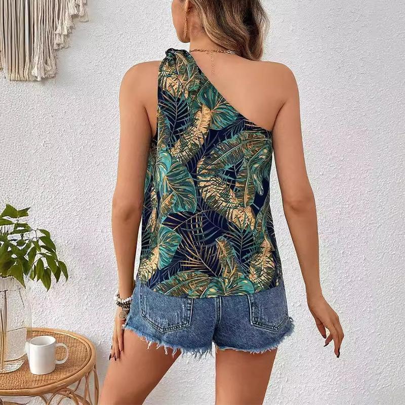 Women's Lace Up One Shoulder Tops Graphic Printing Sleeveless T-Shirts Tank Top Summer Vacation Beach Vest Fashion Women Clothes