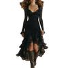 2026 Women's Fashion: High Waist Lace Patchwork Solid Color Long Sleeve Square Neck Dress