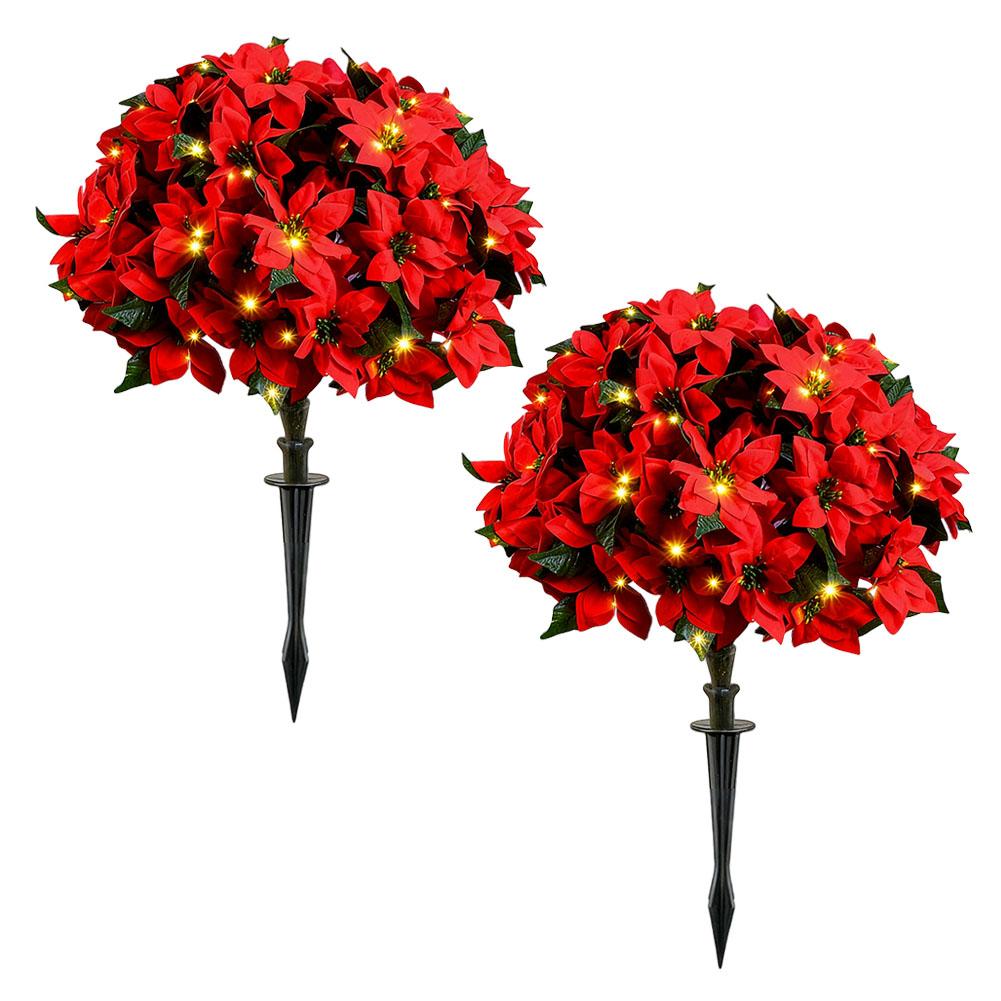 Simulation Of Artificial Poinsettia Flower Topiary Trees Floor Plug With LED Lights, Luminous Ornaments For Christmas Decoration