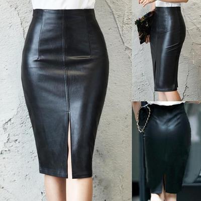 Jupe Midi en Cuir PU pour Femmes Automne Hiver Jupe Crayon Fendue Devant ou Dos Moulante