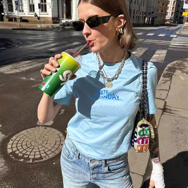 Milk Blue Short-Sleeved T-shirt Female 2025 New Arrival Summer Pure Cotton Loose Easiest for Match American Retro Casual Shoulder Half Sleeve
