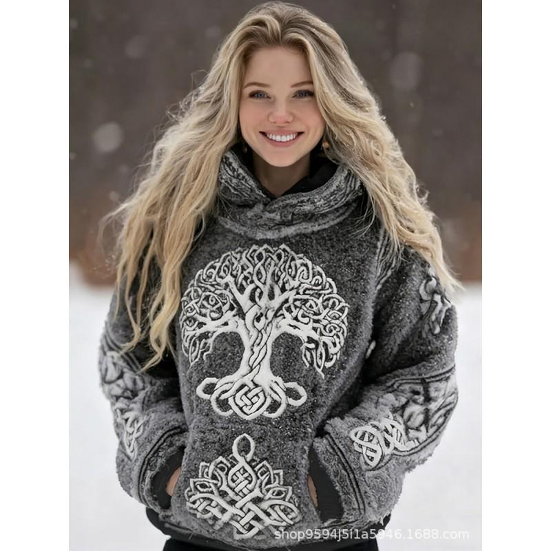 Womens Fleece Hoodie With 3D Cat Print Long Sleeve Thick Warm Sweatshirt Street Style Winter 2025