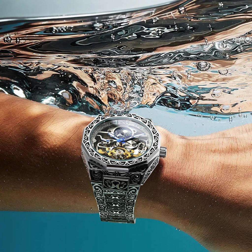 FORSINING Mens Luxury Engraving Wrist Watches Unique Tattoo Pattern Carved Stainless Steel Band Luminous Automatic Skeleton Watch