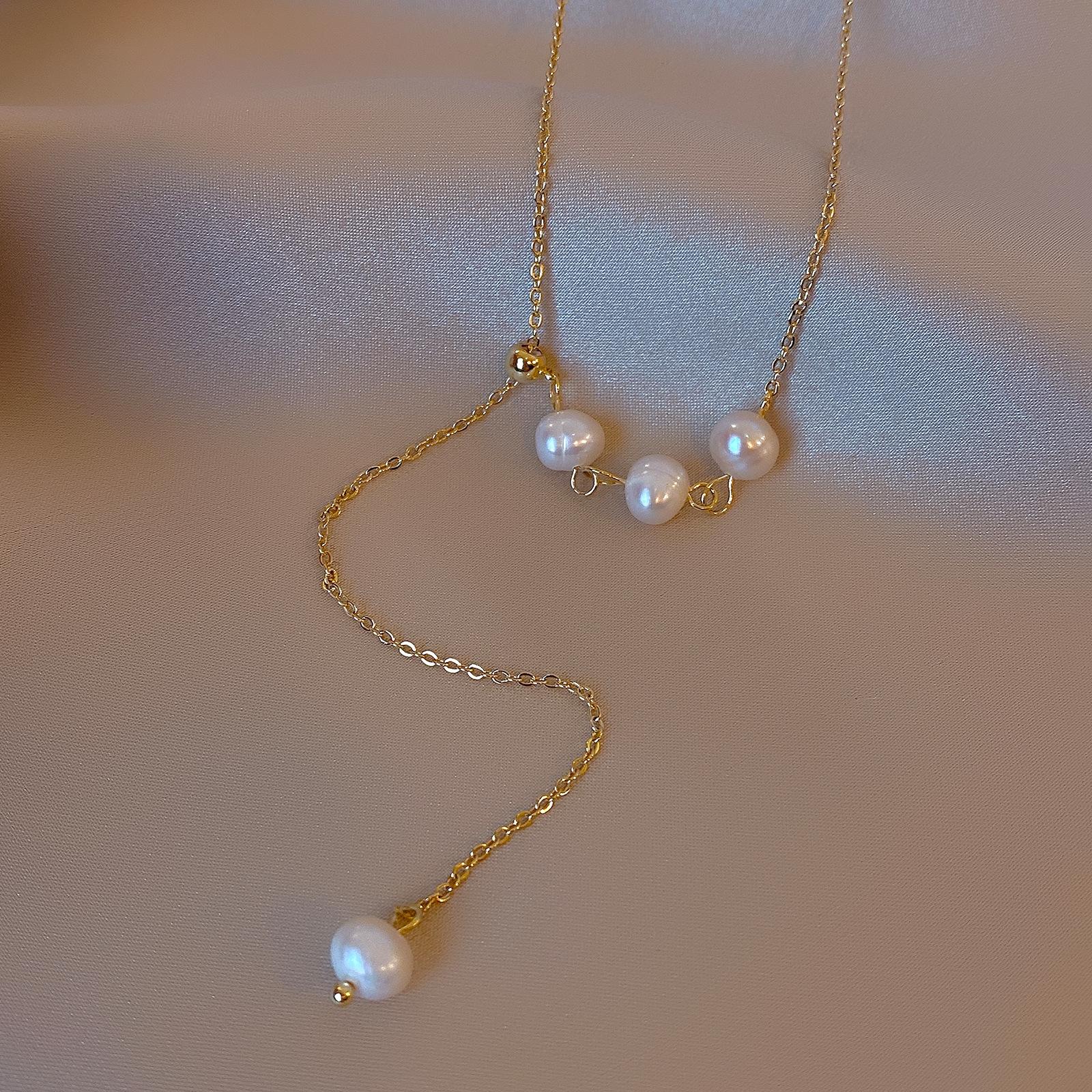 

Baroque Freshwater Pearl Necklace Slide Design Stylish Long Tail Pendant Sweater Chain Pull Adjustable Clavicle Chain