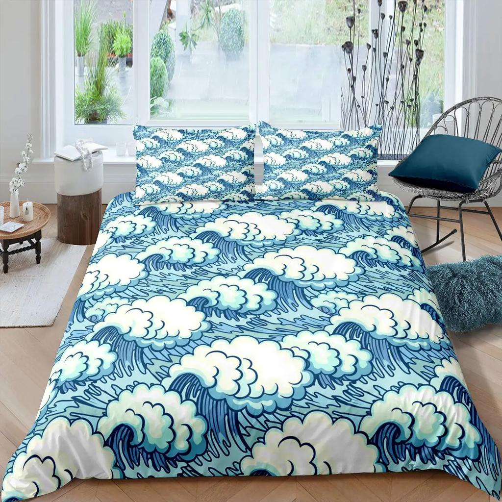Japanese Wave King Queen Duvet Cover Blue Sea Bedding Set Maple Leaf Moon Quilt Cover Hokusai Ukiyo-E Polyester Comforter Cover