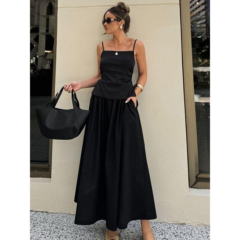 

Fashion Women s Suit Sling Tops Open Back Casual Black Loose Long Dress 2025 Summer Black L (Recommendation 57.50 kg-62.50 kg