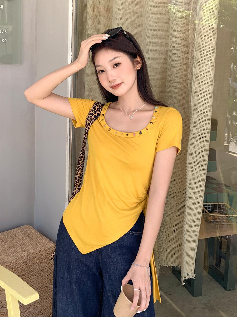 Super fire unique irregular hem yellow top women s summer pleated straps waist pinch waist thin short sleeves S