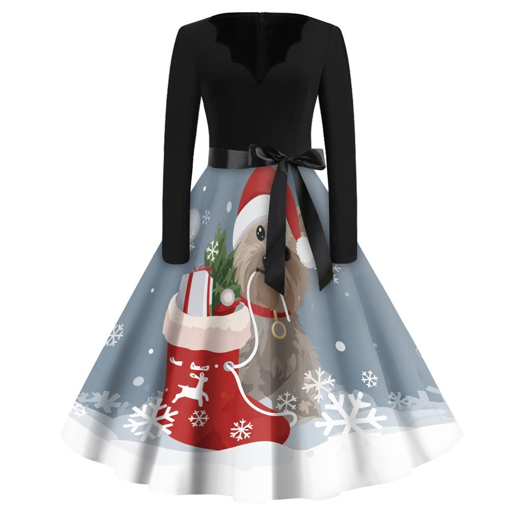 Women's Retro V-Neck Christmas Print Dress with Snowflake and Christmas Tree Pattern