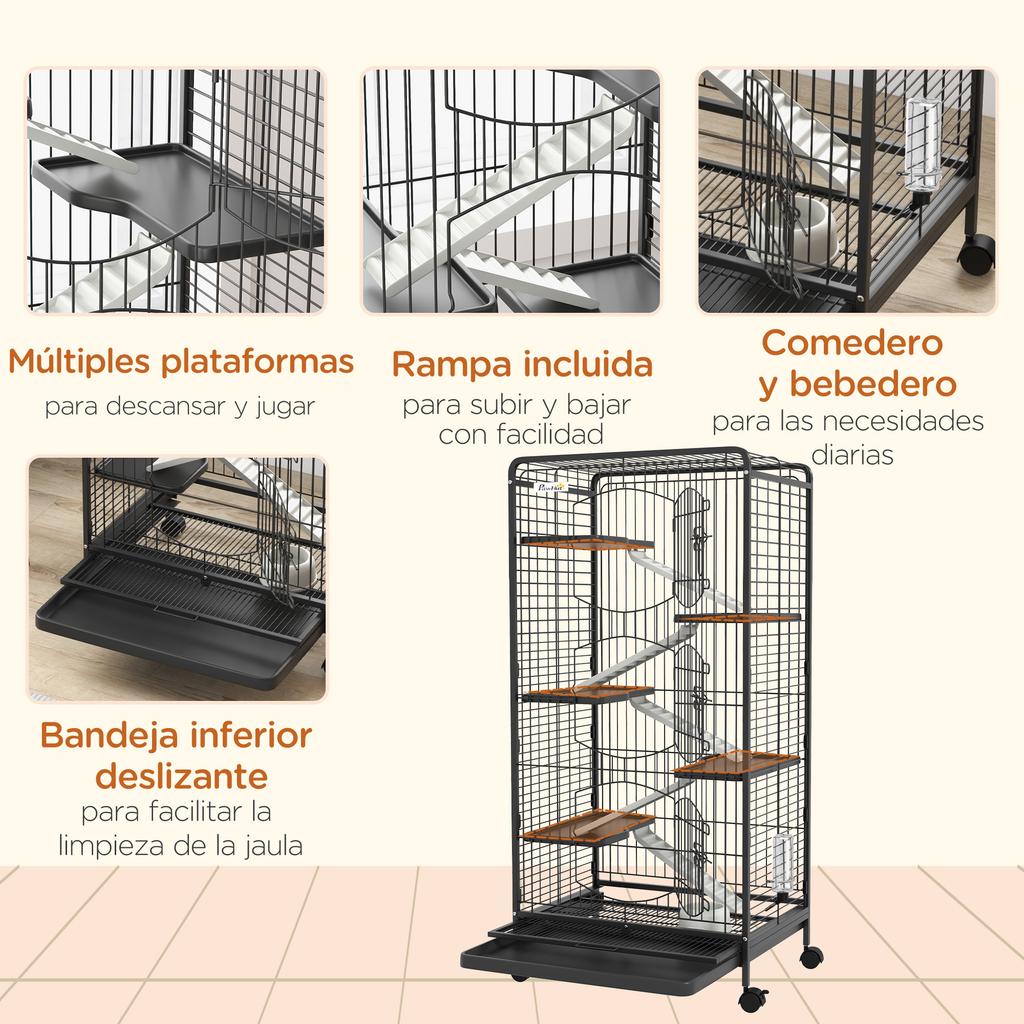 6-Level Rodent Cage with Wheels, Platforms, Removable Tray, Feeder and Waterer, 61.5x44x131 cm, Black