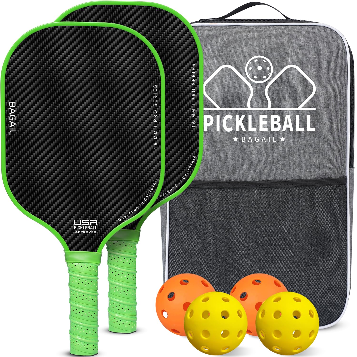 

BAGAIL Pickleball Paddle Set 2 Paddles USAPA Approved Honeycomb Non-slip Sweat-Absorbing Grip Carry Bag Green