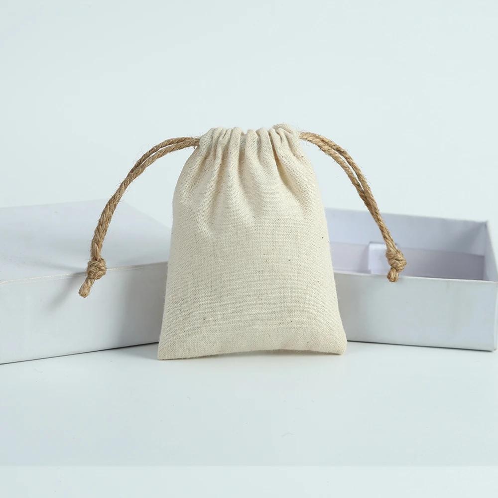 Cotton Burlap Jewelry Packaging Pouches Organizer Wedding Christmas Party Candy Bag Present Mariage Jute Drawstring Gift Bag