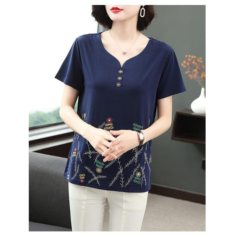 Women Loose V Neck Short Sleeve Printed Cotton T Shirt Middle Aged Mom Casual Top