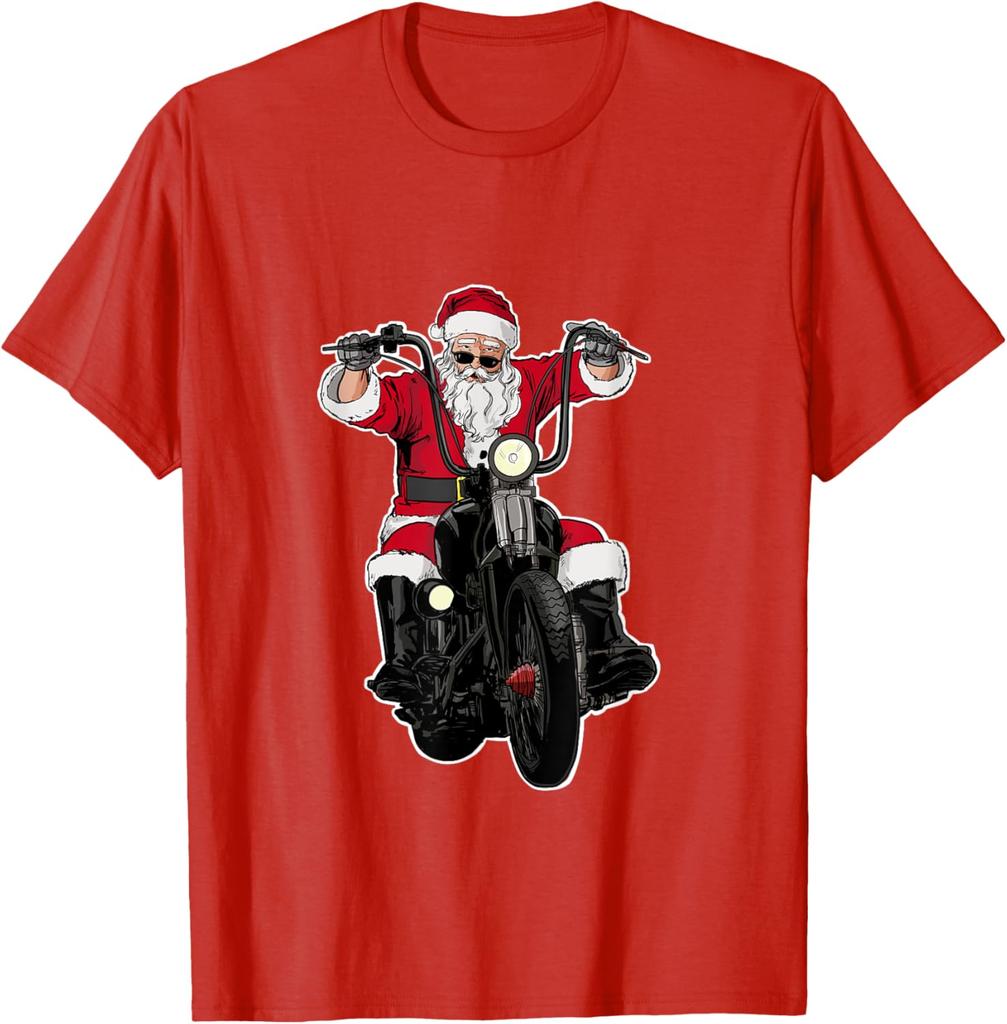 Cool Riding Motorcycle Santa Motorcycle Riding Graphic Tee Men's Casual Cotton T-Shirt