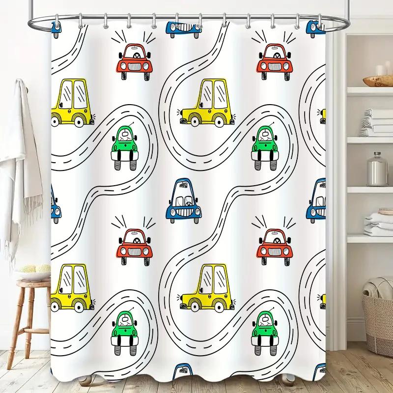 Whimsical Car Shower Curtain Kids Bathroom Decor, Cartoon Pattern Bath Mat Set, Creative Home Accessories, White Background, Mul