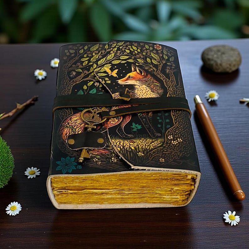 Fox Grimoire Leather Journal with Key – Handmade deckle page journal for women